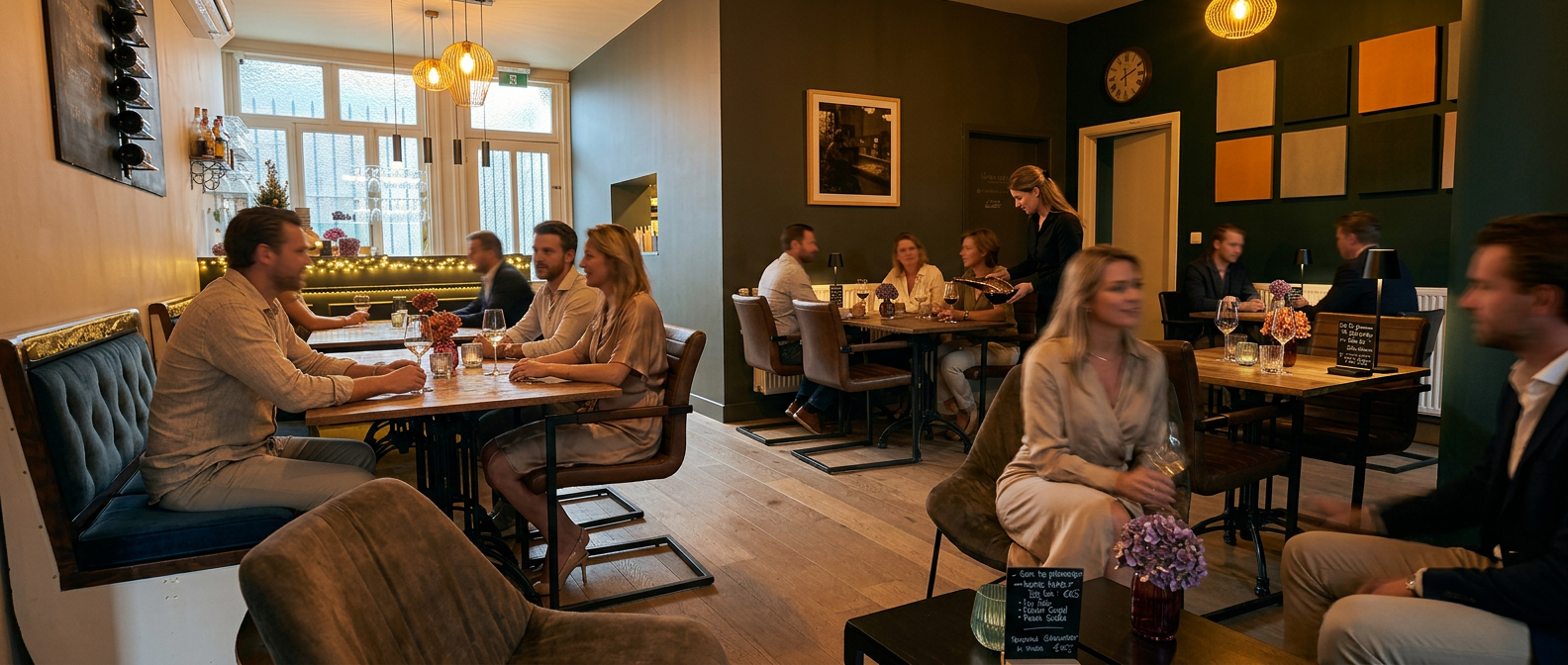 Sfeervolle foto van De Proeverij met gasten in de wijnbar
