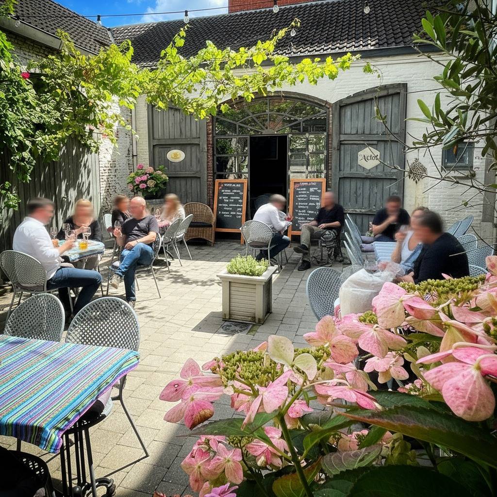 Terras van De Proeverij overdag met gasten en bloemen op de voorgrond